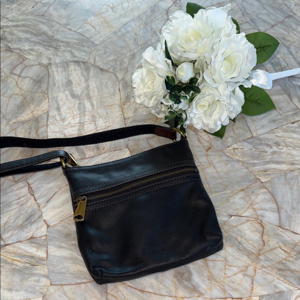 Fossil Black Leather Crossbody‎ Bag with Brass Accents